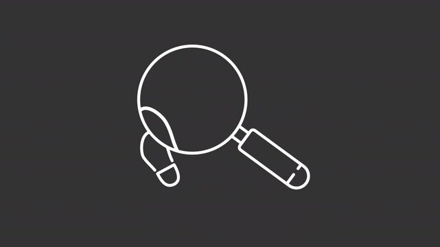 Tracking white line animation. Analyzing footsteps animated icon. Moving magnifier, rotating. Evidence, searching. Isolated illustration on dark background. Transition alpha video. Motion graphic