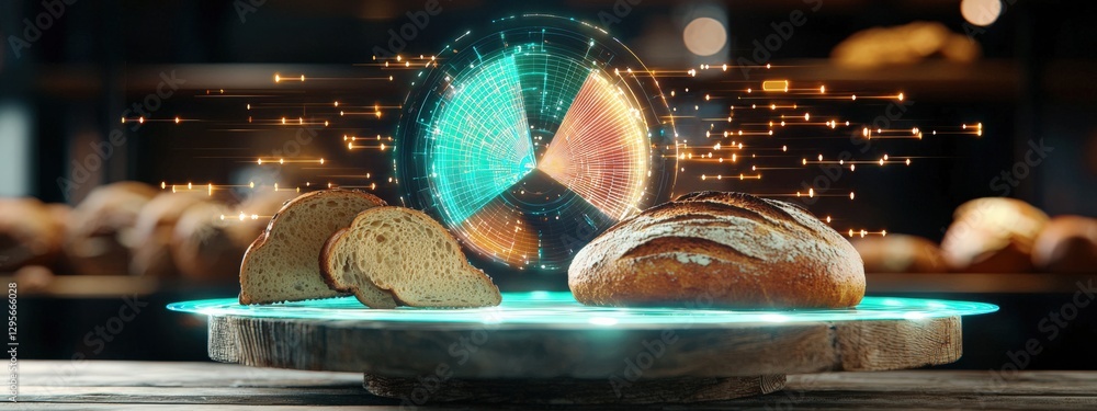 Poster digital bakery with fresh bread and analytics visualization