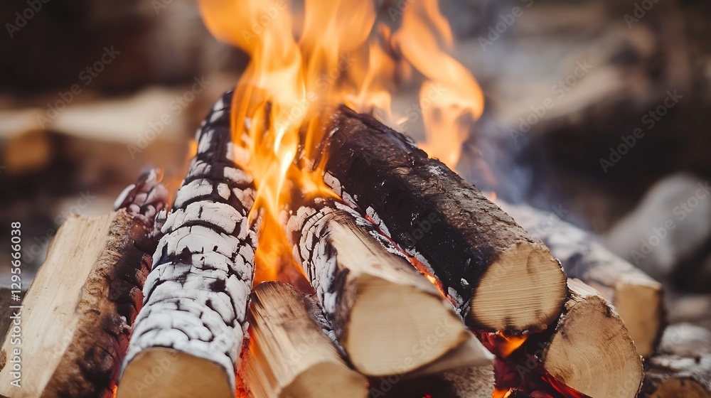 Poster campfire with roaring flames and logs creating a warm atmosphere in nature : generative ai
