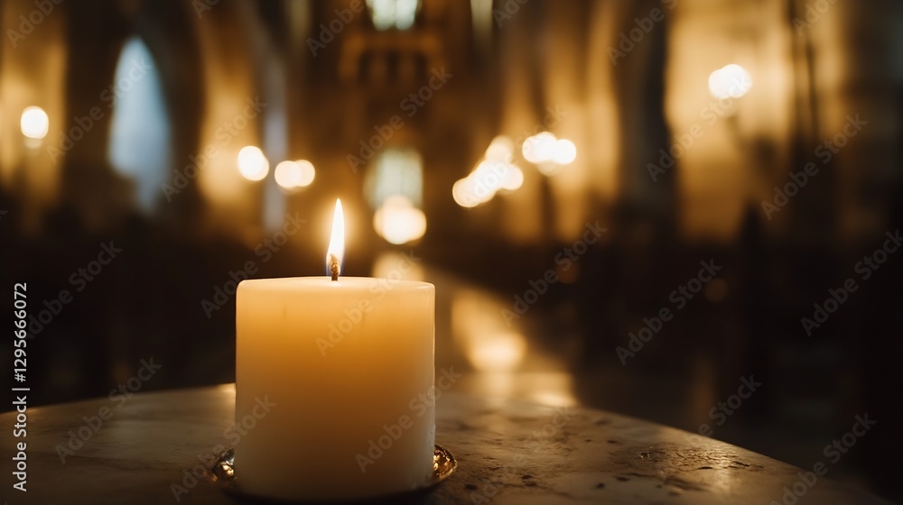 Fototapete Elegant candle burning softly in a cathedral creating a serene atmosphere with warm and inviting light : Generative AI
