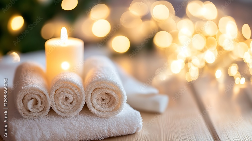 Poster gentle flame candle surrounded by rolled towels on wooden table with light bokeh : generative ai
