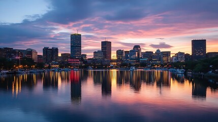 Fototapeta premium Vibrant city skyline reflecting on water during stunning sunset with dramatic clouds : Generative AI