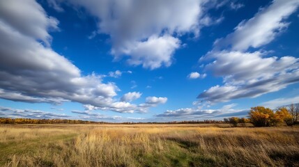 Open grassland with golden fields and blue sky filled with fluffy clouds in autumn : Generative AI