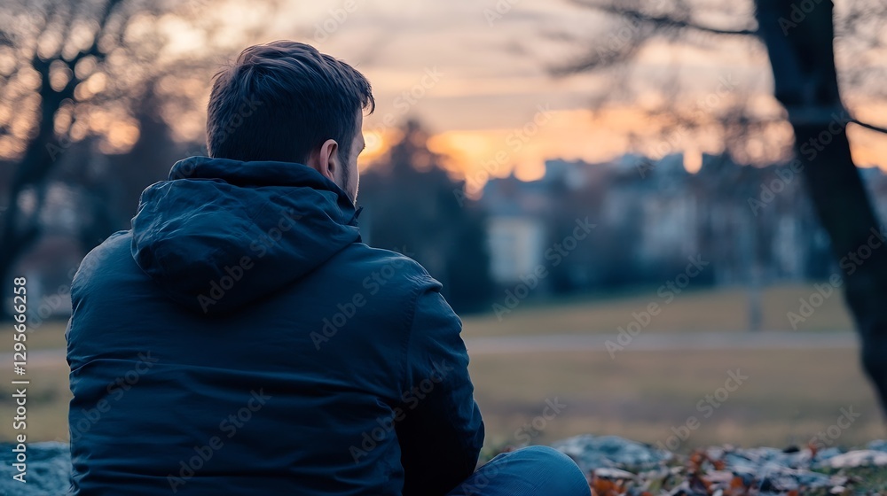 Poster Man sitting alone contemplating with sunset glow in the background : Generative AI