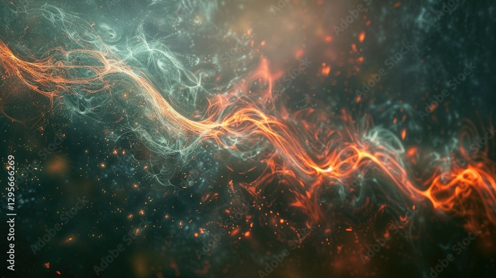 Poster dynamic digital wave with blue and orange light particles. digital art for design with glowing orang