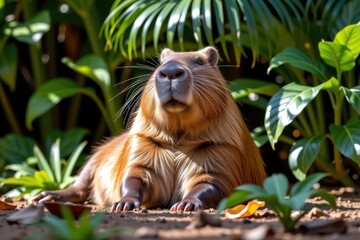 Close-Up of a Capybara in a Lush Green Tropical Environment