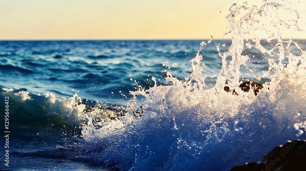 Aufkleber dynamic ocean waves crashing against rocks at sunset with glowing water splashes : generative ai