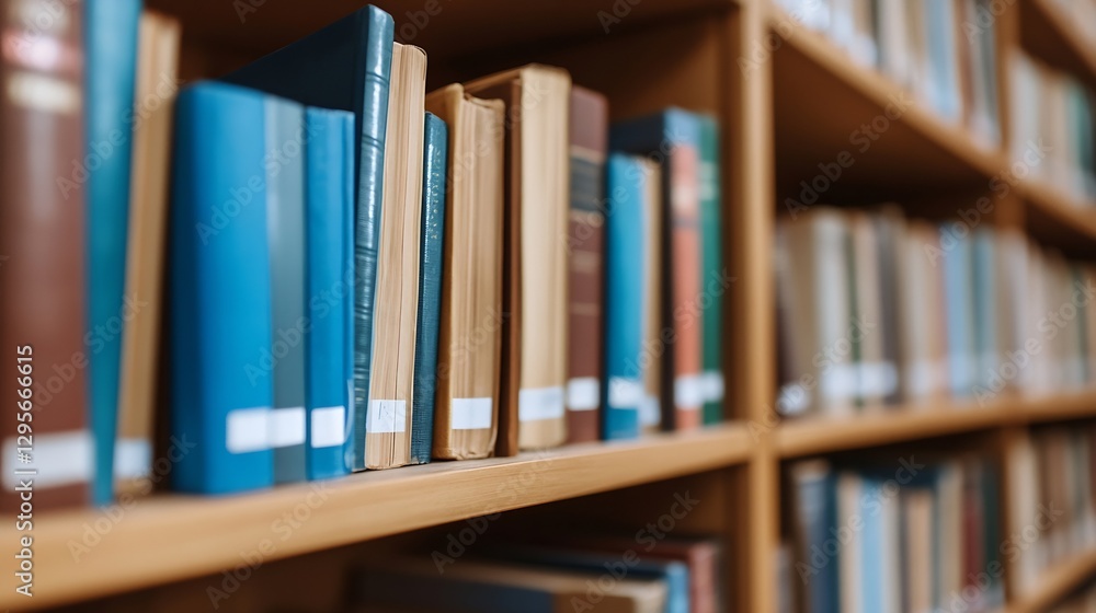 Poster Close Up of Colorful Book Spines on a Wooden Shelf in a Library Setting : Generative AI