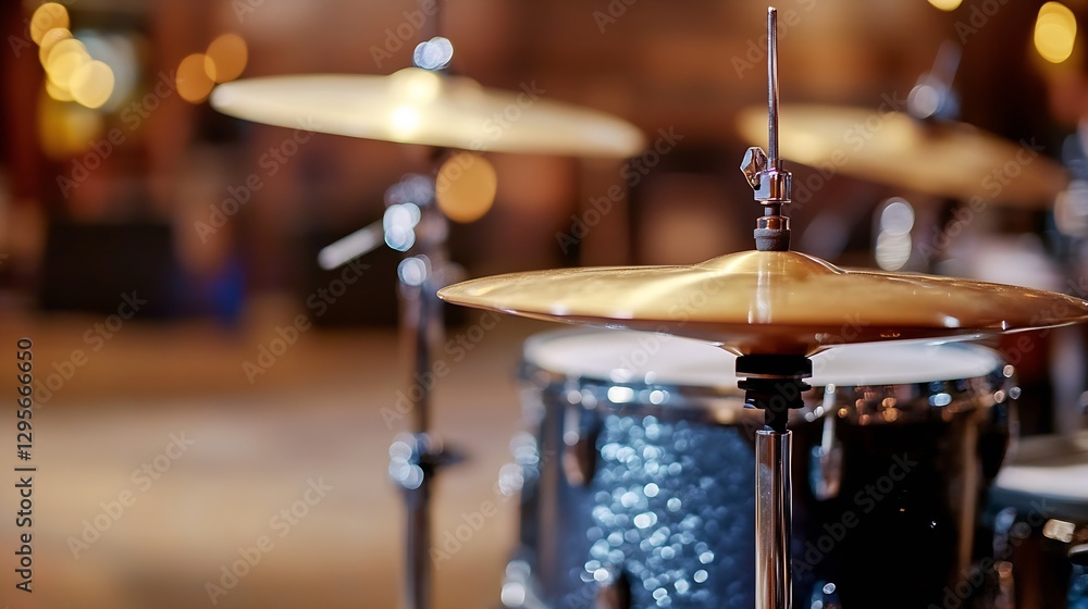 Poster Drum Set CloseUp with Cymbals and Background Lights in a Concert Scene : Generative AI