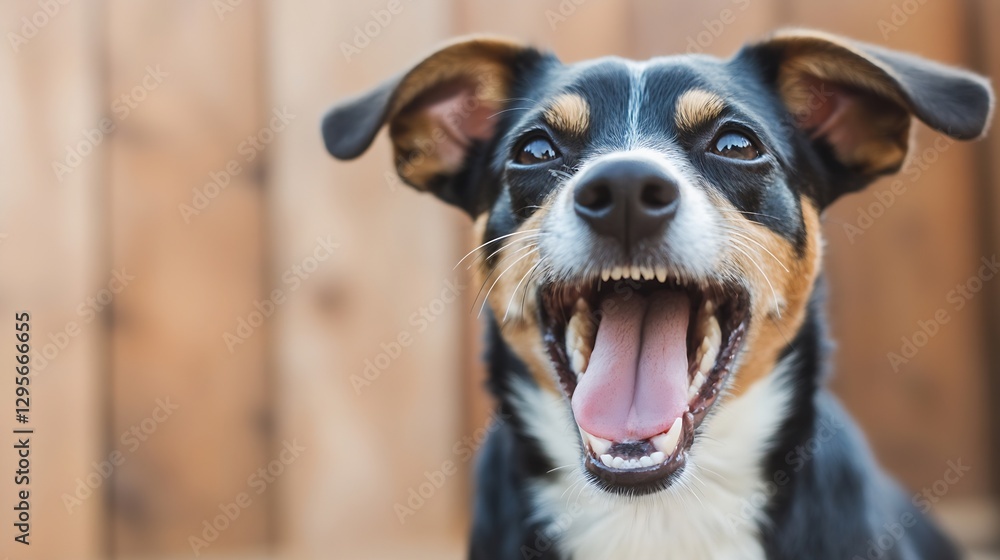 Poster Playful and Joyful Black and Brown Dog Barking Cheerfully with a Warm Background in Nature : Generative AI