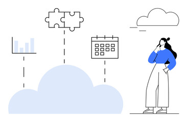 Woman thinking with puzzle pieces, calendar, cloud, bar chart. Ideal for business strategy, cloud computing, problem-solving, data integration planning teamwork decision-making. Abstract line flat