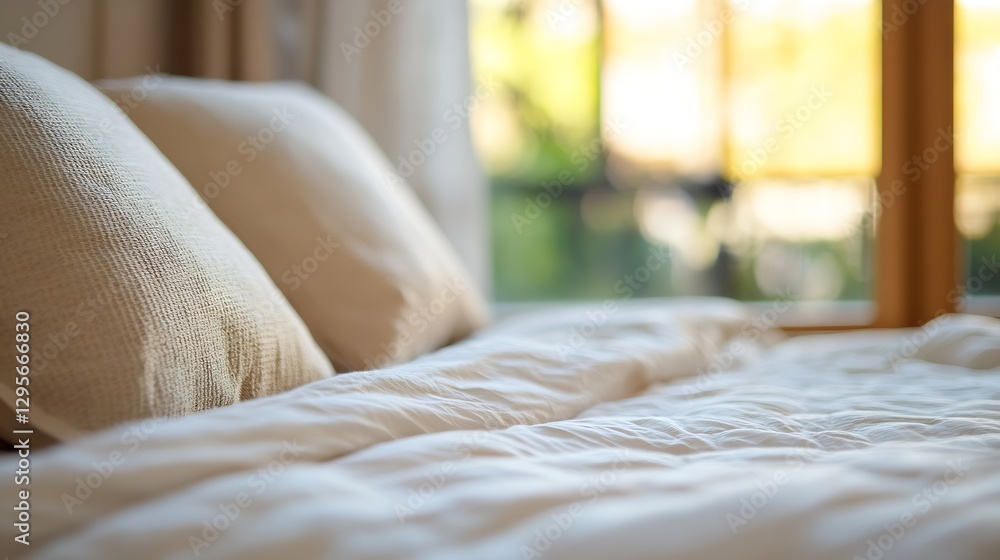 Poster cozy inviting bedroom showcasing soft pillows and bedding with natural light streaming through windo