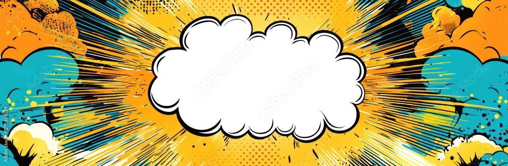 Poster dynamic pop art-style image in yellow and blue, empty speech bubble center.