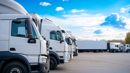 Naklejka premium White Trucks Stationed Under a Bright Blue Sky in a Parking Lot for Logistics and Transport : Generative AI