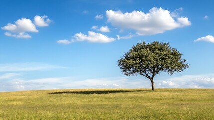 Obraz premium Lone Tree on Green Meadow with Blue Sky and Fluffy Clouds in the Background : Generative AI