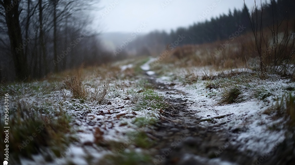 Poster misty countryside path covered in snow with trees in background : generative ai