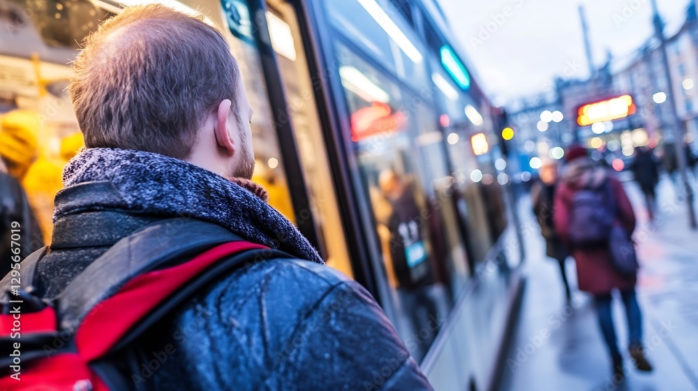 Poster Man Waiting for Tram in City during Evening with Vibrant Display Lights and Urban Atmosphere : Generative AI