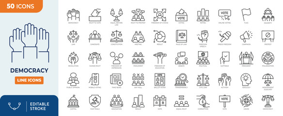 Democracy line editable icon set. Containing democracy, politics, voting, election, and more. Vector illustration.