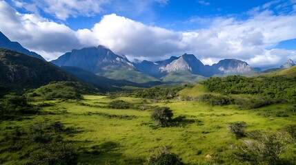 Fototapeta premium Breathtaking scenic view of lush green mountains and a vibrant valley under a dramatic cloudy sky : Generative AI