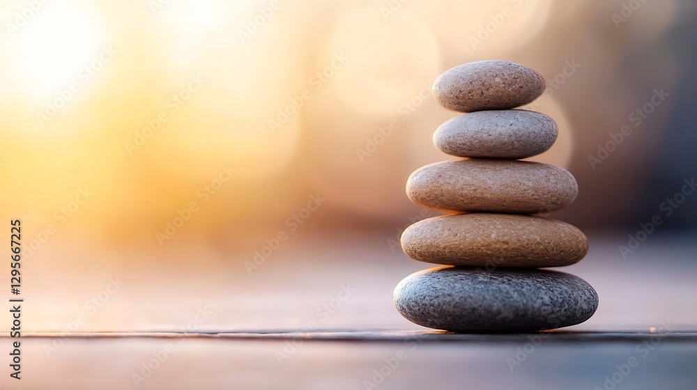 Poster tranquil stack of smooth stones on a natural surface with beautiful sunset background for relaxation