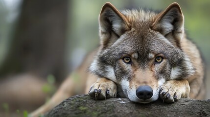 Obraz premium CloseUp Portrait of a Wolf Relaxing on a Stone Surrounded by Nature : Generative AI