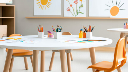 Asian nursery school art activity with kids painting and drawing, colorful artwork displayed on walls