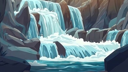 Obraz premium Waterfall cascading over rocks. Landscape art. Potential use nature background