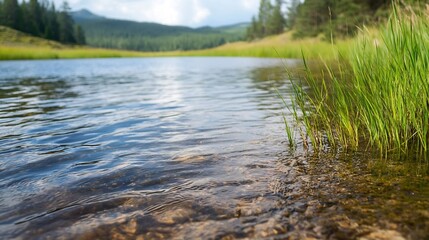 Naklejka premium Serene Water View with Vibrant Green Grass in a Calm Nature Setting : Generative AI