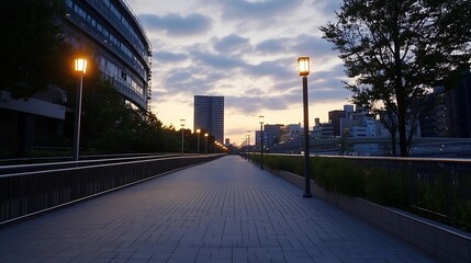 Fototapeta premium Urban Pathway Illuminated By Street Lamps At Dusk Amidst City Vibes : Generative AI