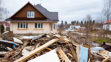 Abandoned property with a pile of debris in a forgotten neighborhood showcasing urban decay and environmental impact : Generative AI
