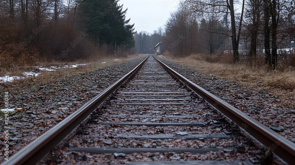 Poster serene railway tracks stretching into the distance surrounded by autumn foliage in a tranquil settin