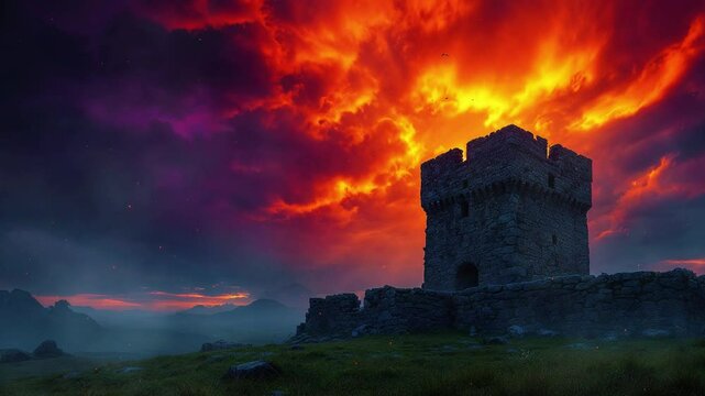 Majestic ancient castle tower under dramatic fiery sunset sky with vibrant clouds in the background