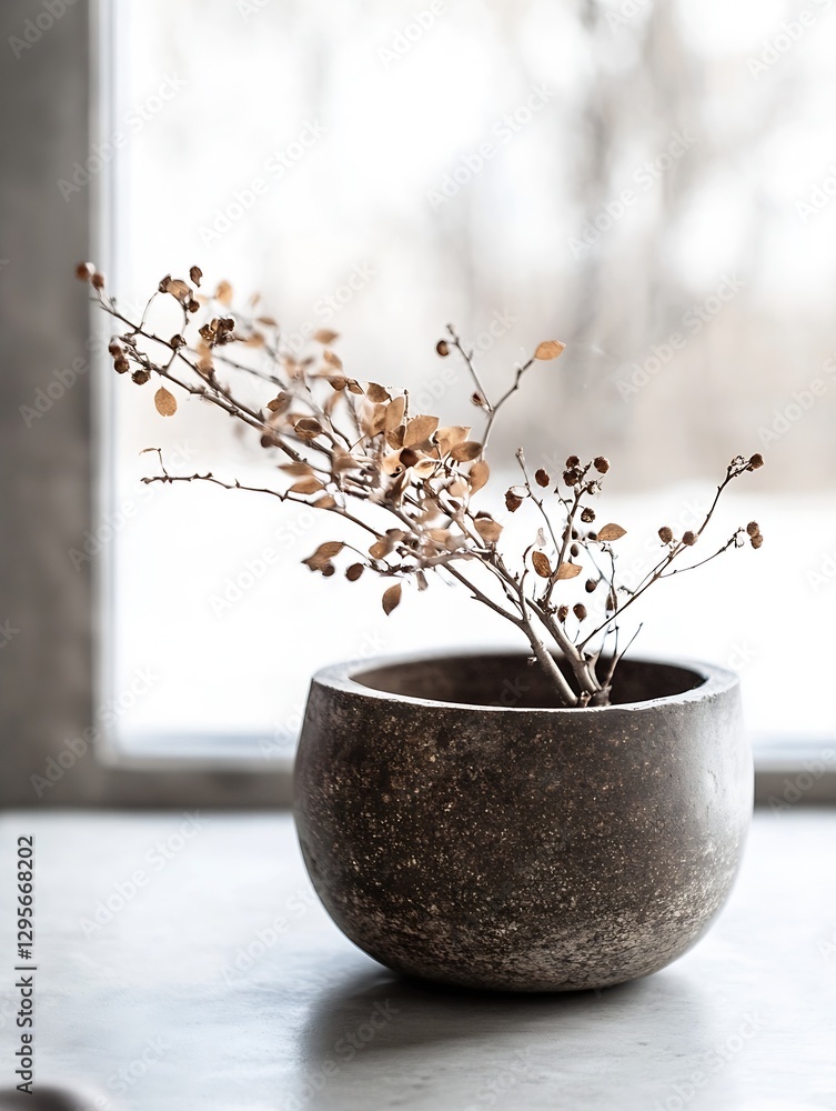 Poster Artistic composition of a dried branch in a textured stone pot by a window : Generative AI