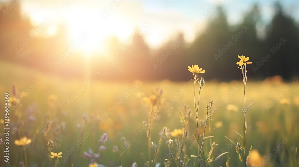 Poster field of bright yellow flowers illuminated by sunlight creating a warm and inviting outdoor scene : 