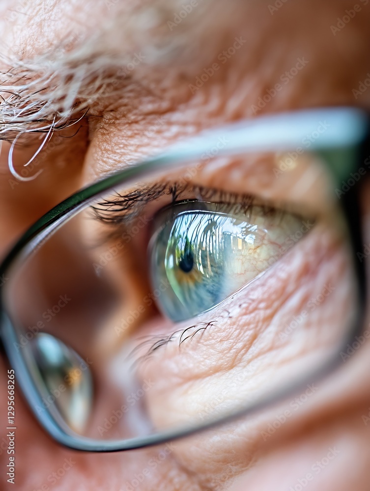 Poster close up of an elderly person's eye showing intricate details and reflections in a natural setting :