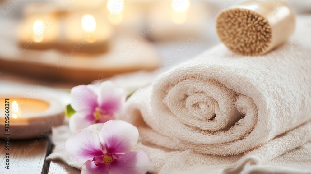 Poster spa essentials with fluffy towels candles and flowers creating a relaxing atmosphere : generative ai