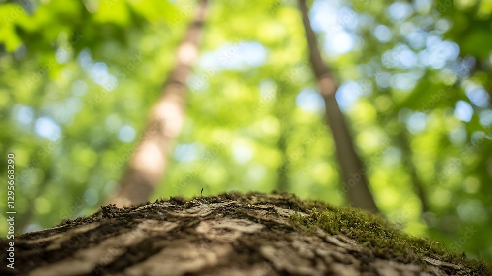 Poster closeup view from the ground of a mossy tree trunk and lush green leaves in a forest : generative ai