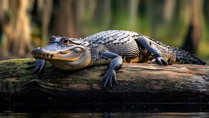 Majestic Alligator Relaxing on a Log in Serene Swamp Environment Surrounded by Lush Greenery and Soft Reflected Light
