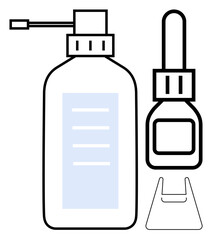 Two black-line drawings of a bottled hand sanitizer spray, a smaller drop dispenser, and a cap. Ideal for hygiene, personal care, health, cleanliness, medical use, daily routine portable solutions