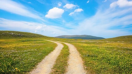 Obraz premium Serene Meadow Landscape with Winding Dirt Road and Blooming Wildflowers under Blue Sky