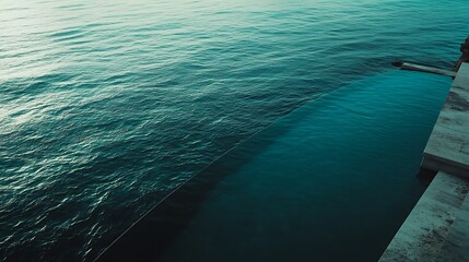 A drone shot of an infinity pool blending seamlessly into the ocean, with water reflecting a stunning gradient of light cerulean to deep indigo.