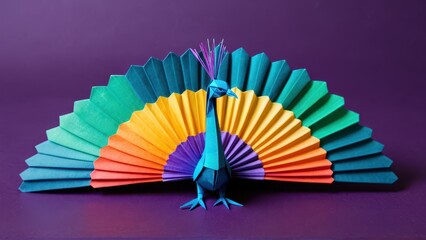  A vibrant origami peacock displays its colorful fan in a striking arrangement