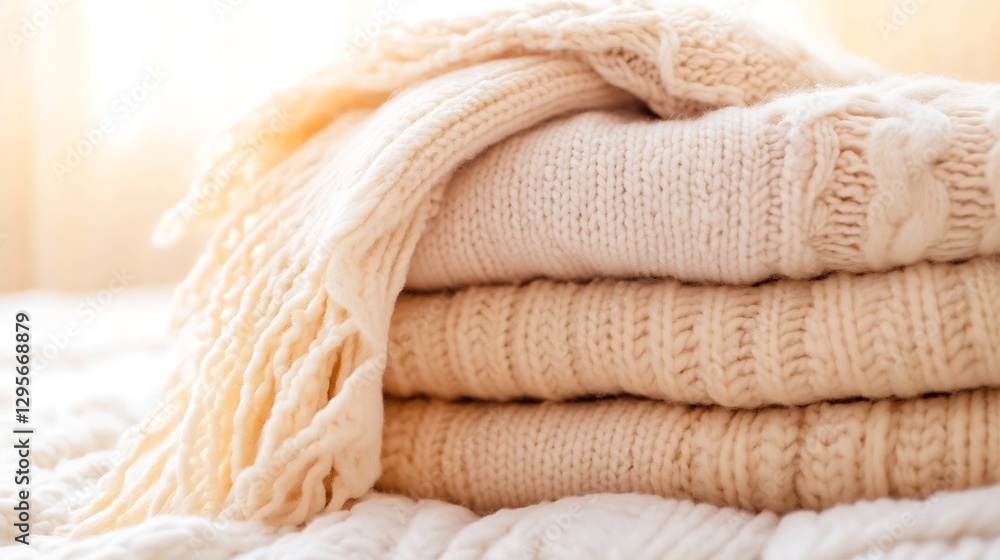 Poster cozy knitted cream colored blankets piled neatly on soft bed : generative ai