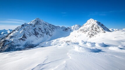Breathtaking Snow-Capped Mountains Under Clear Blue Sky in Winter : Generative AI
