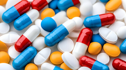 Colorful pills and capsules isolated on a white background