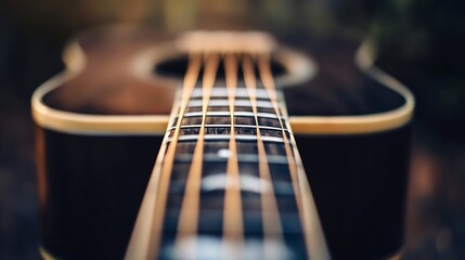 Fototapeta premium Closeup view of a beautifully crafted acoustic guitar showcasing strings and craftsmanship : Generative AI