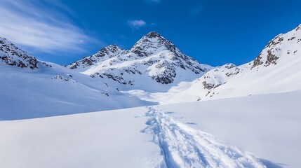 Obraz premium Panoramic view of a snow covered mountain landscape under a clear blue sky : Generative AI