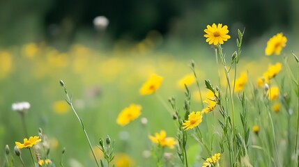 Vibrant yellow wildflowers blooming in lush green meadow under soft sun : Generative AI