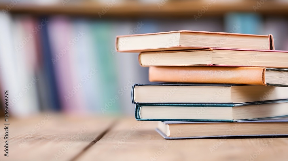 Poster artfully stacked colorful books on a wooden table in a cozy library setting : generative ai