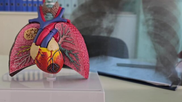 Anatomy model showcasing the human heart and lungs in a clinical setting with a medical chart